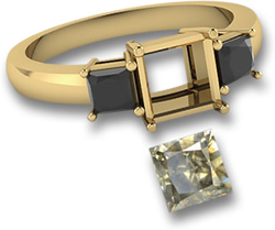 Anel de ouro amarelo com diamante quadrado champanhe e pedras laterais de espinélio preto