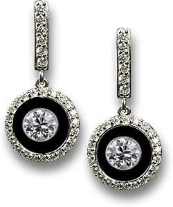 Brincos pendentes estilo Art Déco moderno com ônix e diamante