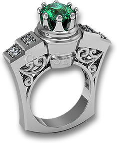 Anel de esmeralda de prata com pedras de diamante branco