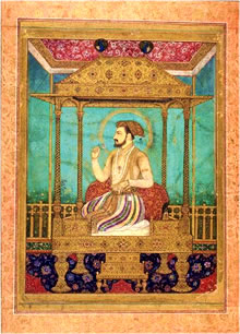 Uma representação artística de Shah Jahan em um trono de pavão
