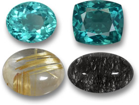 Gemas de apatita em cor azul-petróleo e cabochões de quartzo rutilo dourado e preto