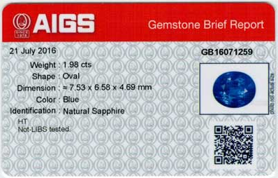 Certificado AIGS Gemstone para Safira Azul