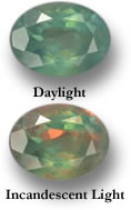 Uma gema de alexandrita que muda de cor sob iluminação diferente