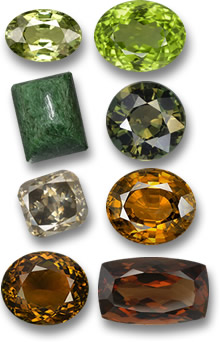 Pedras Preciosas do Elemento Madeira: Granada Demantoide, Peridoto, Maw-Sit-Sit, Kornerupine, Diamante Champagne, Zircão Dourado, Turmalina e Enstatita