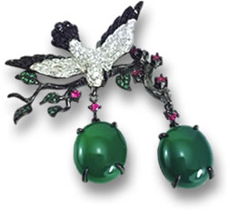 Black Gold Bird Brooch with White Sapphire, Black Spinel, Pink Sapphire and Tsavorite Garnet