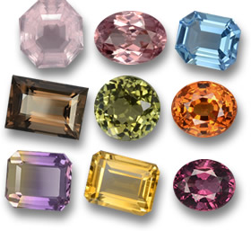 Algumas pedras preciosas acessíveis: quartzo rosa, zircão, topázio, quartzo fumê, turmalina, espessartita, ametrino, citrino e rodolita