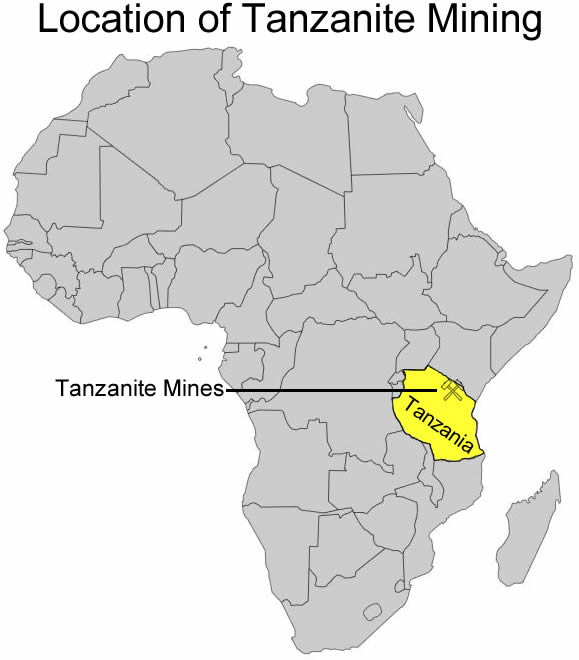 Um mapa da África mostrando a localização das minas de tanzanita na Tanzânia