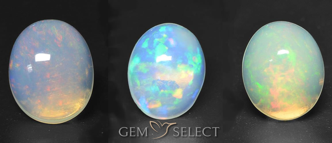 Uma foto de três cabochões de opala da GemSelect