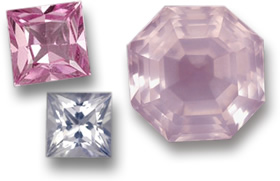 Safiras com corte princesa (à esquerda) e quartzo rosa com corte Asscher (à direita)