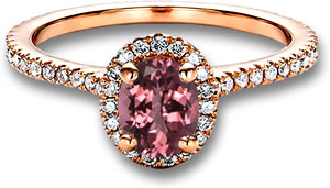 Anel de noivado em ouro rosa com turmalina rosa e diamante branco