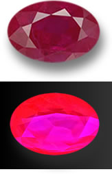 Um Ruby sob a luz do dia (superior) e luz ultravioleta (inferior)