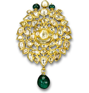 Pingente/broche Kundan tradicional com diamantes, pérolas e esmeraldas