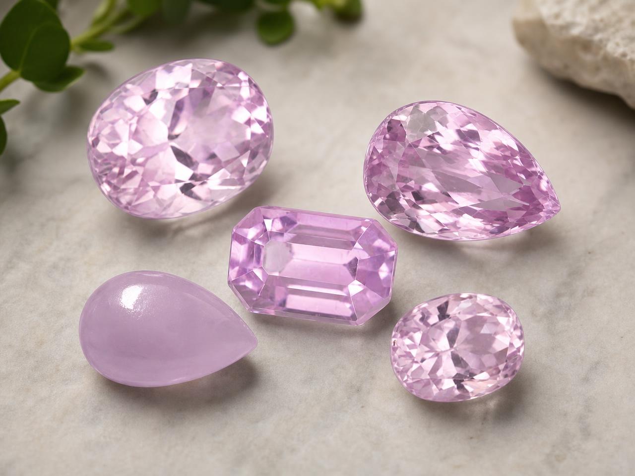 Gemas soltas de kunzita afegã em tons de rosa e lilás.