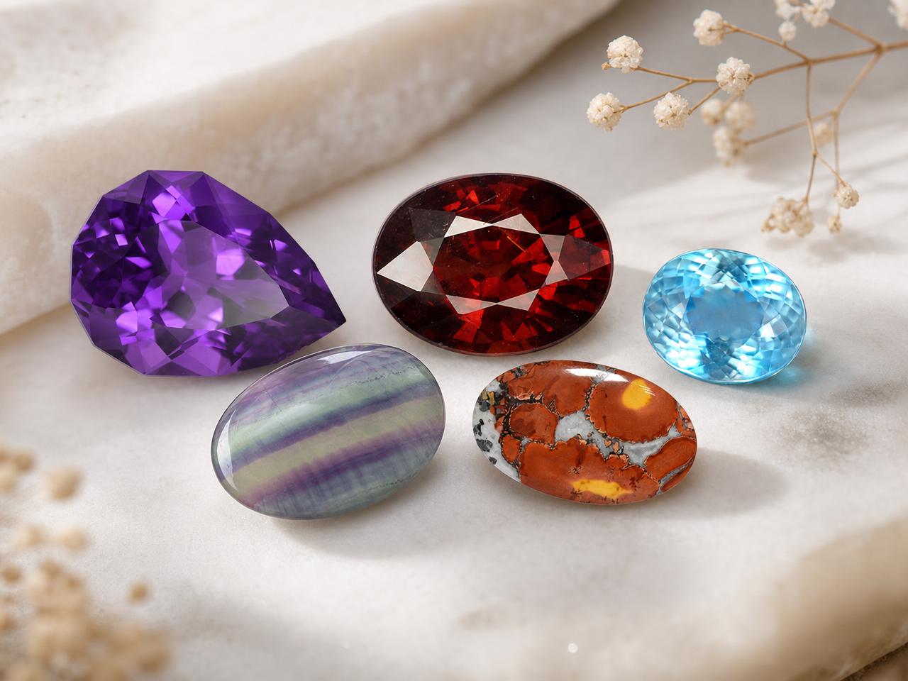 Pedras de nascimento soltas do signo de Aquário nas cores roxo, vermelho, azul e verde-água.