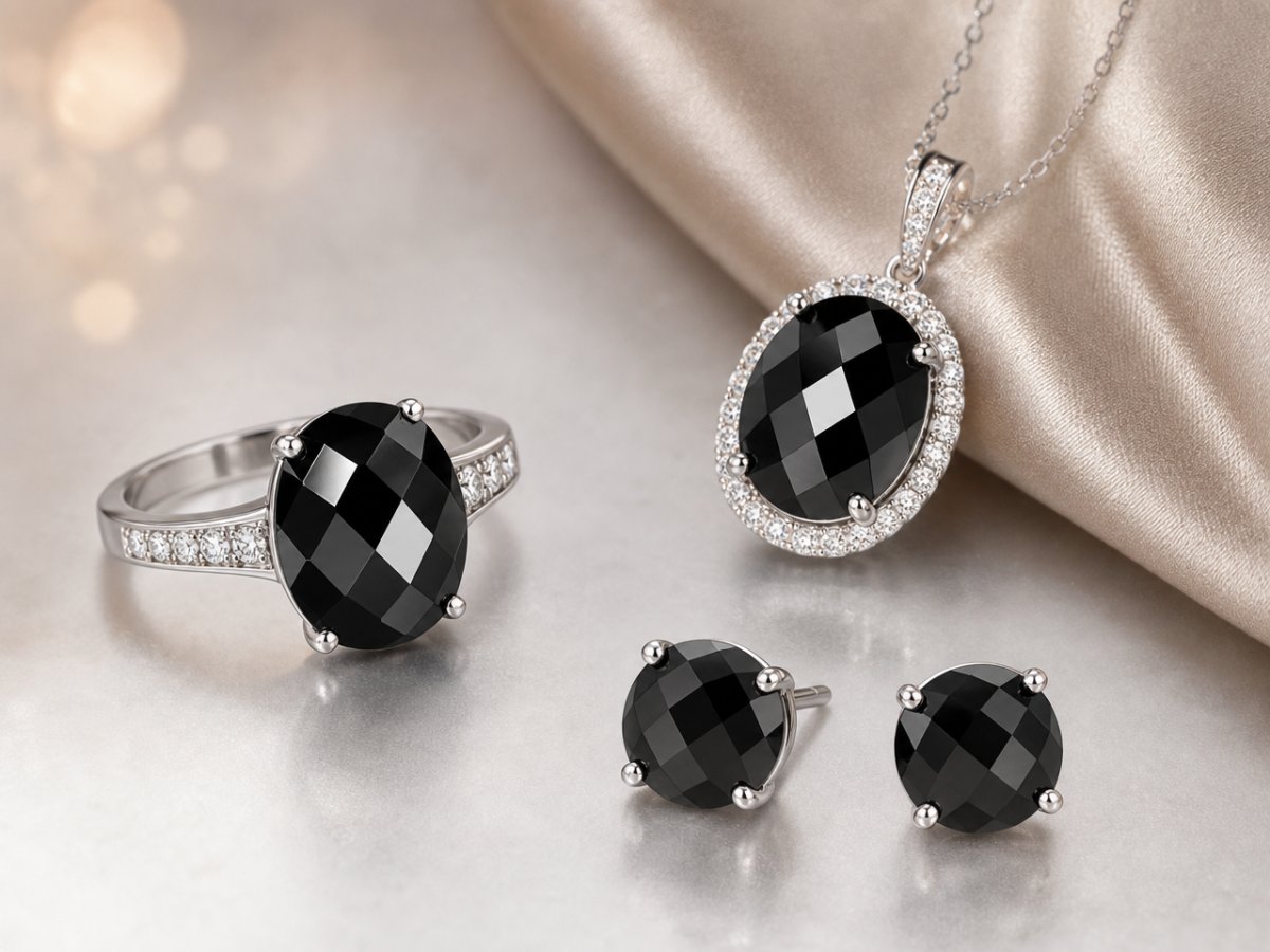 Gemas de espinélio preto exibidas em joias