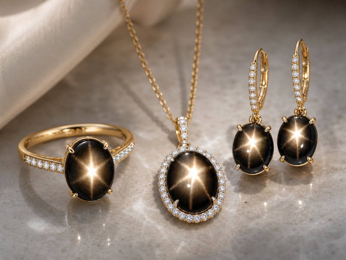 Gemas de safira estrela negra exibidas em joias