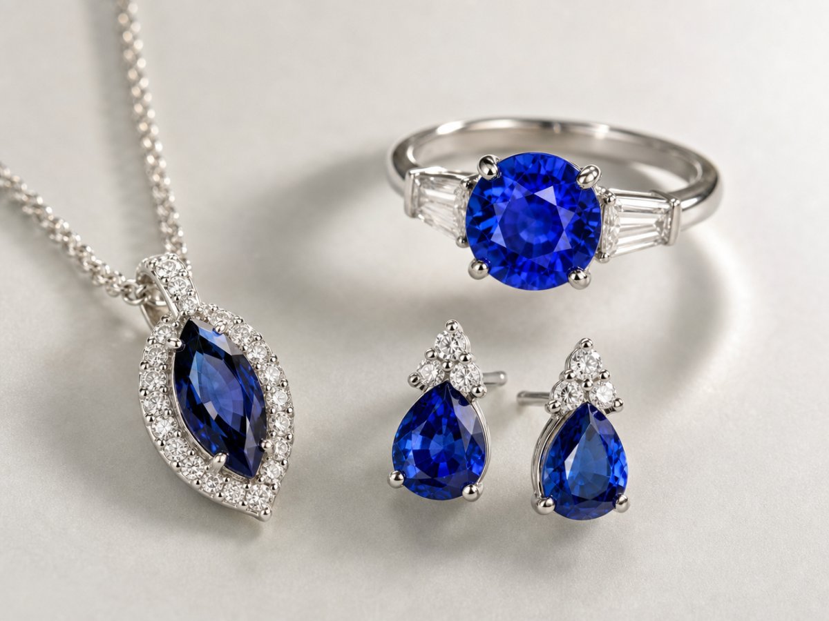 Gemas de safira azul exibidas em joias