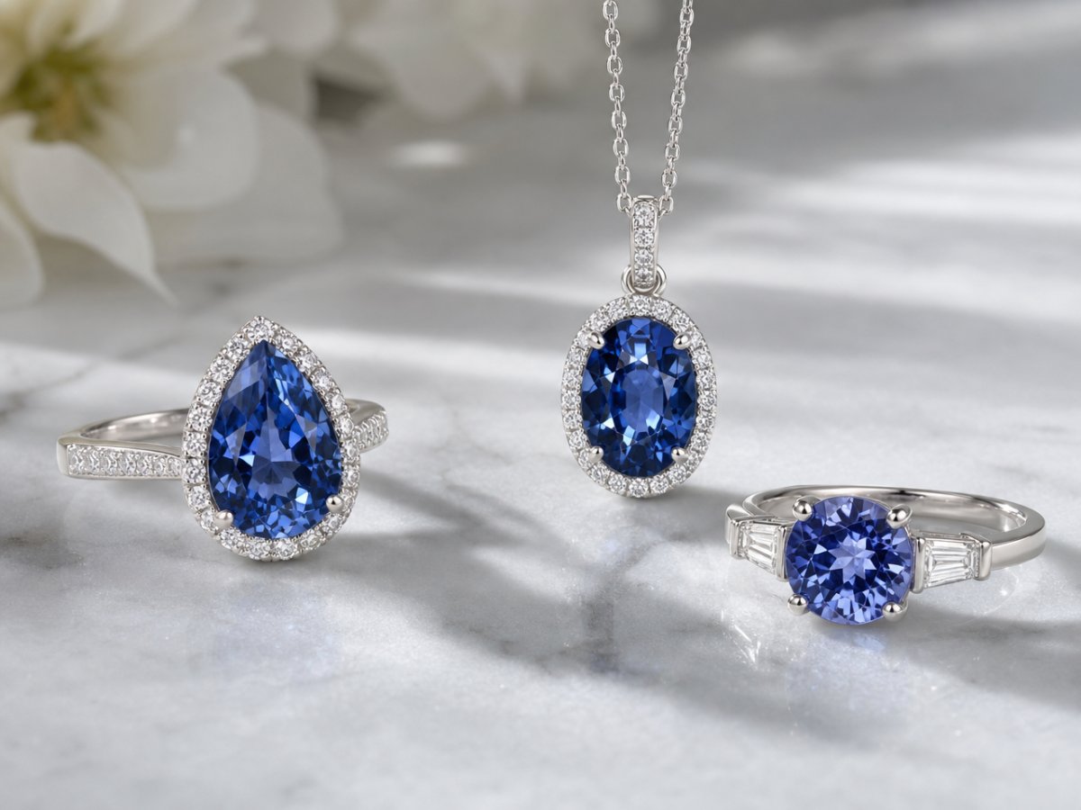 Gemas de espinélio azul exibidas em joias
