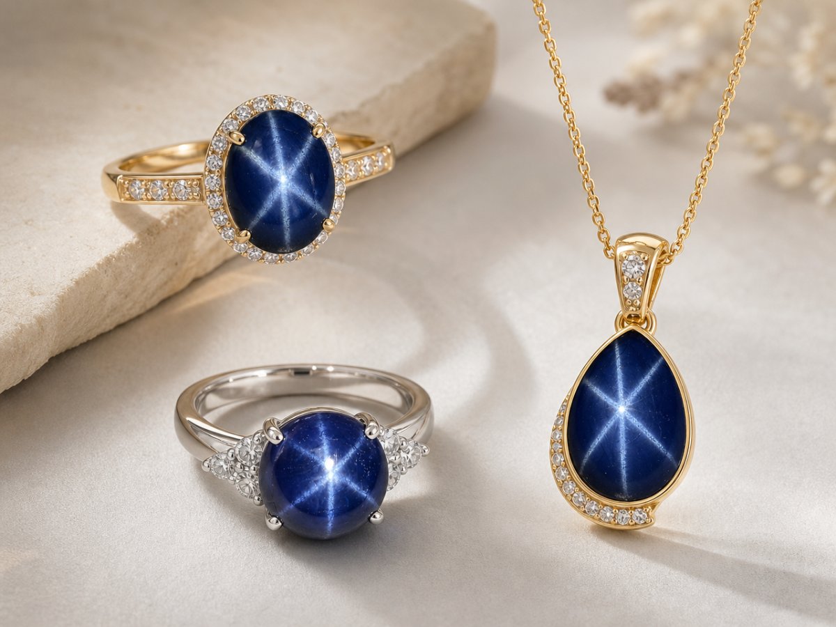 Gemas de safira estrela azul exibidas em joias