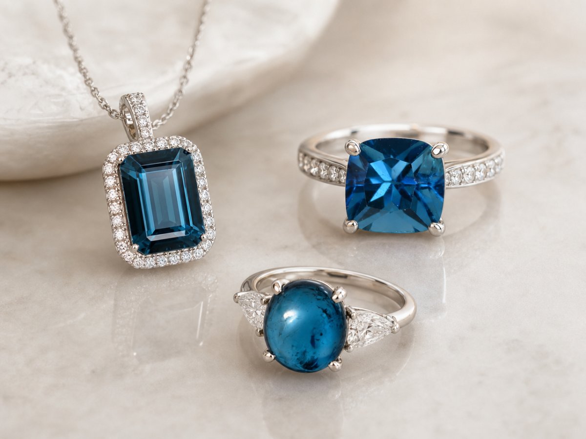 Gemas de turmalina azul exibidas em joias