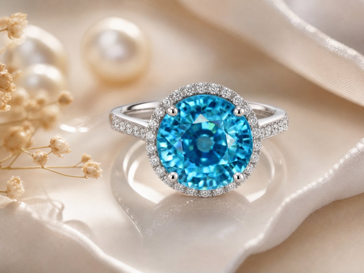 Gemas de zircônia azul exibidas em joias