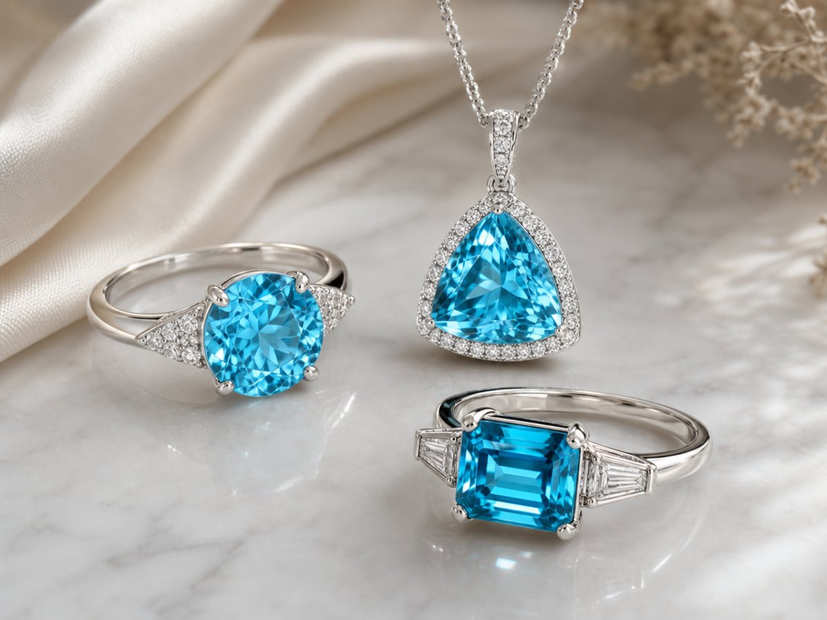 Gemas de zircônia azul exibidas em joias