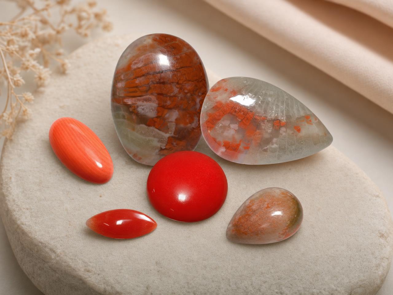 Gemas de coral soltas, lapidadas em cabochão, com cúpulas lisas e polidas.