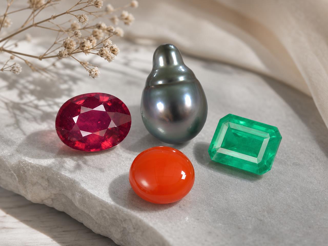 Pedras de nascimento soltas para o signo de Câncer, incluindo pedra da lua, rubi, esmeralda e cornalina.