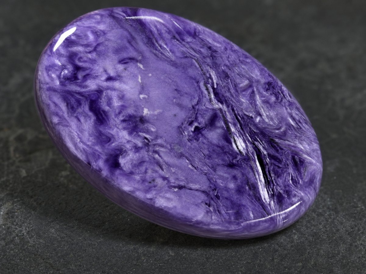 Visão aproximada de gemas de charoíta natural.
