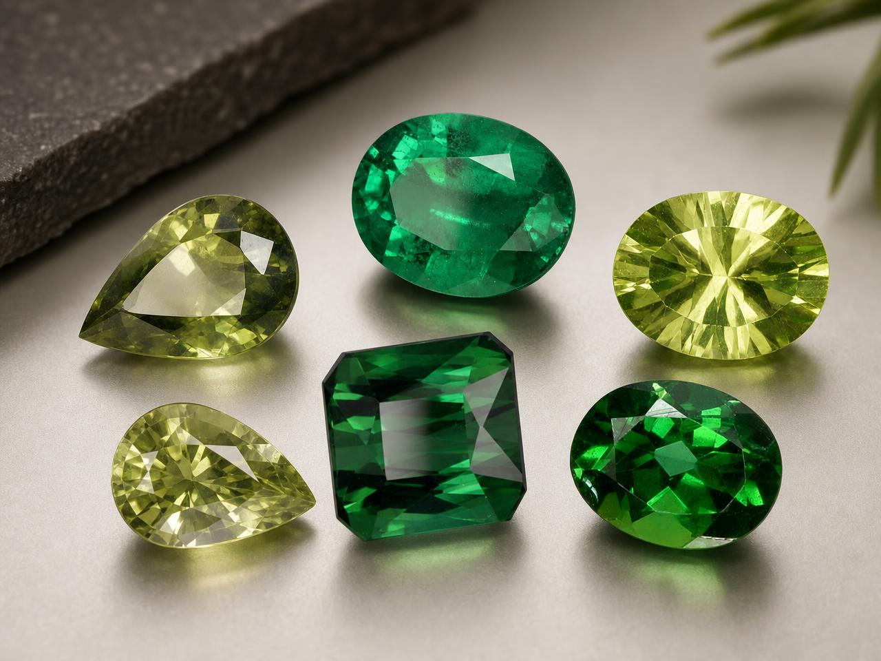 Conjunto de pedras preciosas verdes soltas e duráveis para joias.