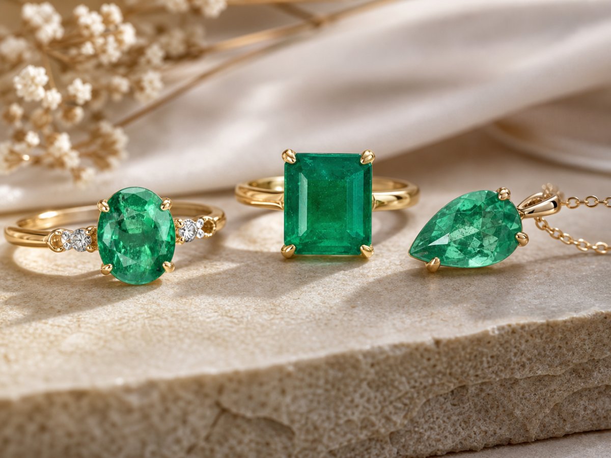 Gemas de esmeralda exibidas em joias