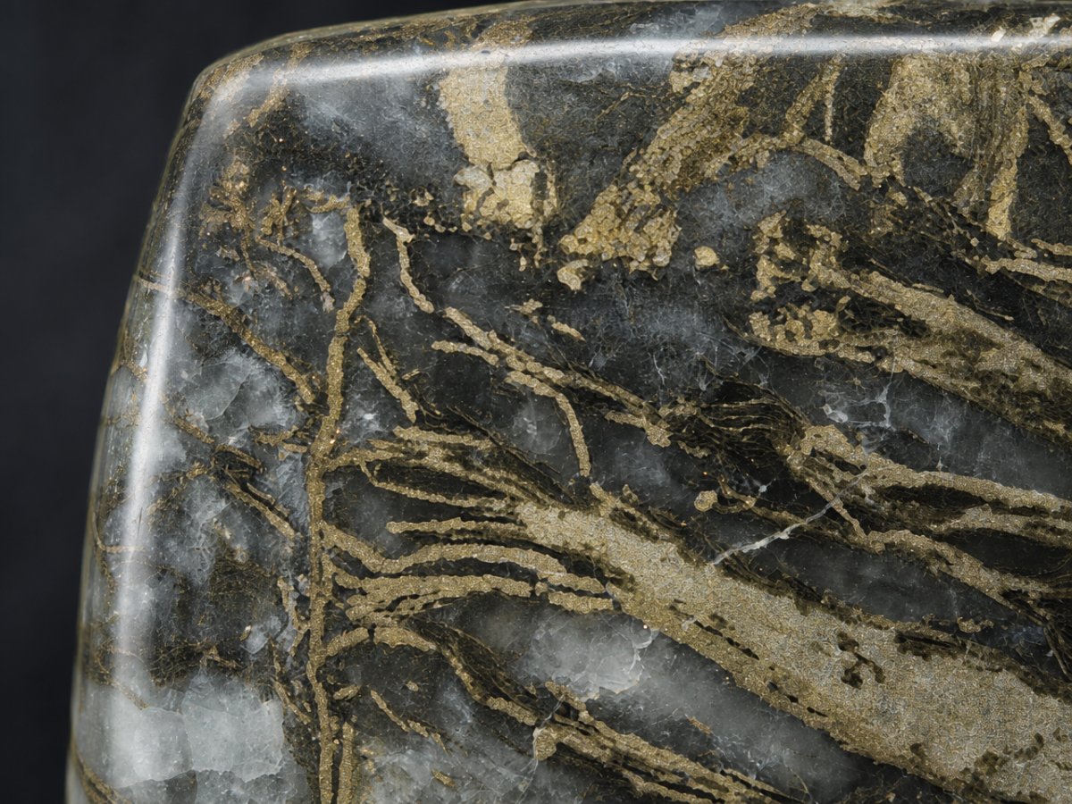 Visão aproximada de gemas naturais de pirita em forma de pena.