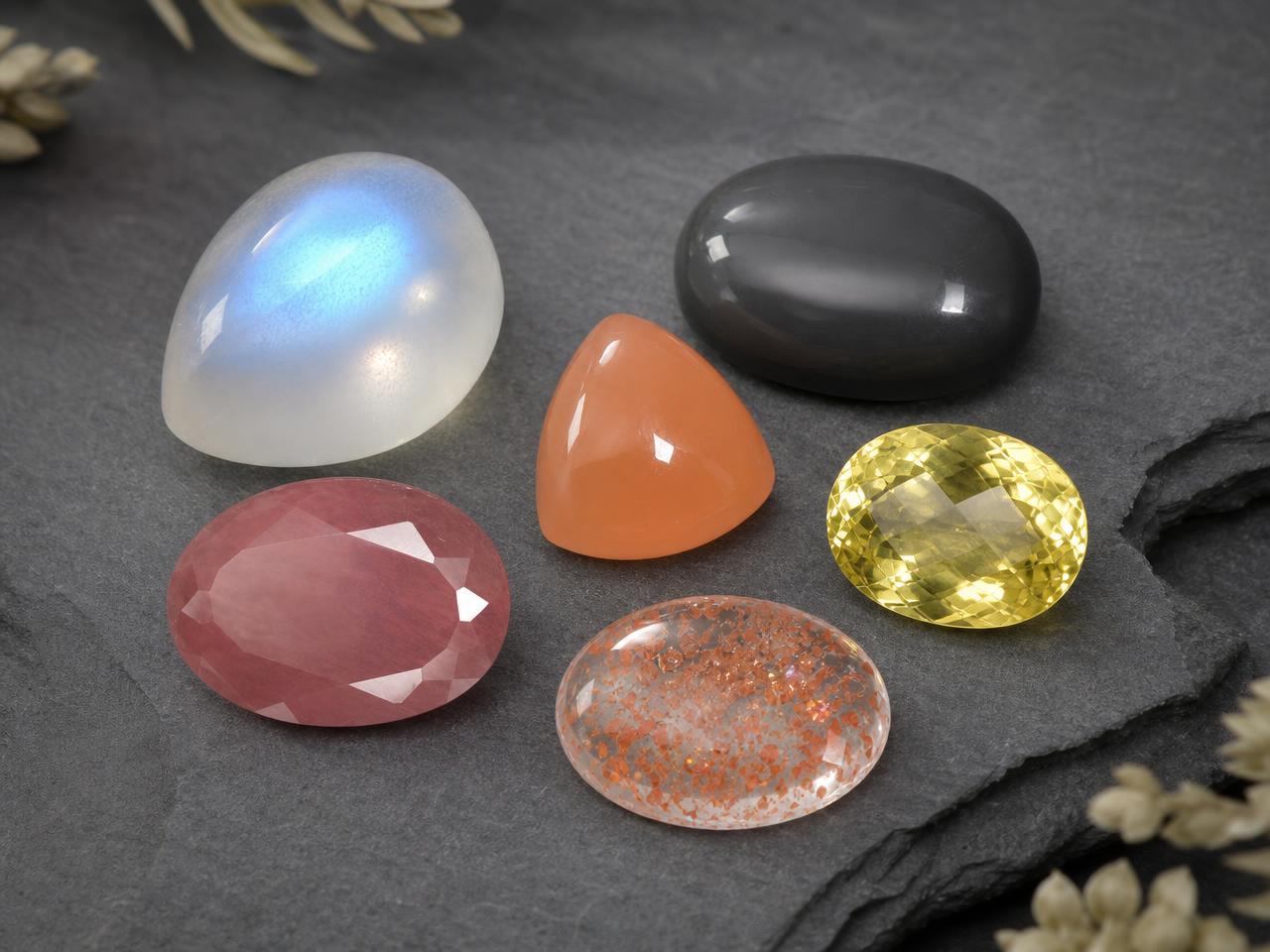 Conjunto variado de pedras preciosas de feldspato soltas, incluindo pedra da lua, labradorita e pedra do sol.