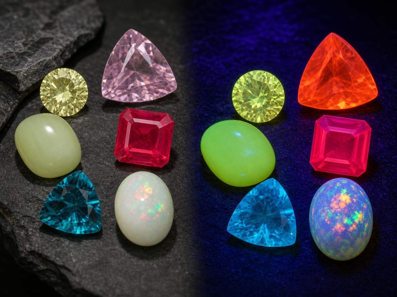 Gemas fluorescentes soltas que brilham sob luz ultravioleta.