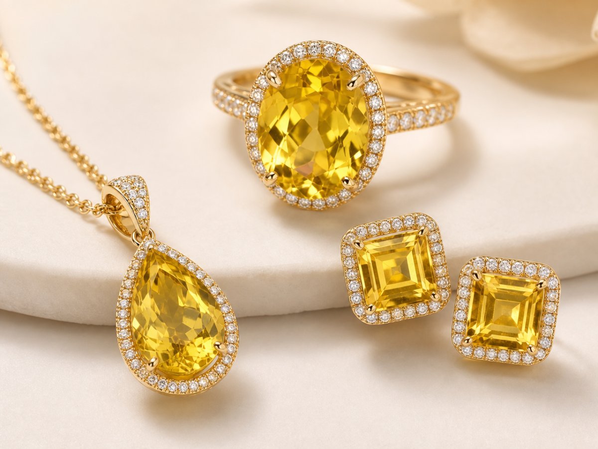 Gemas de berilo dourado exibidas em joias