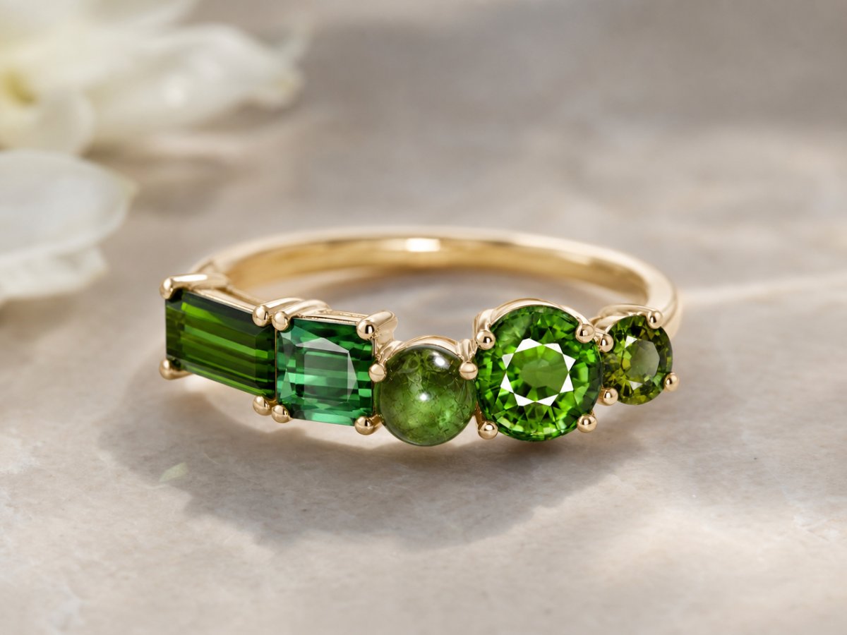 Gemas de turmalina verde exibidas em joias