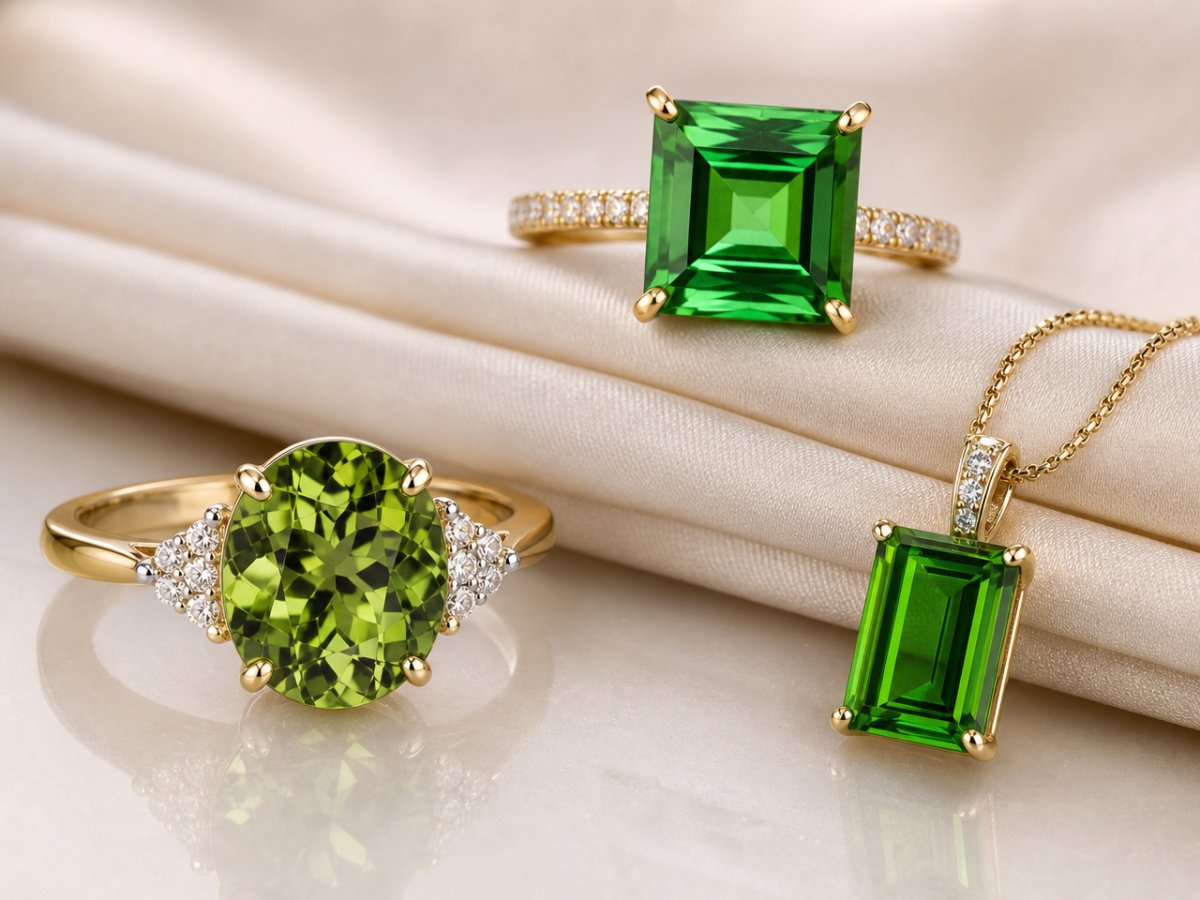 Gemas de turmalina verde exibidas em joias