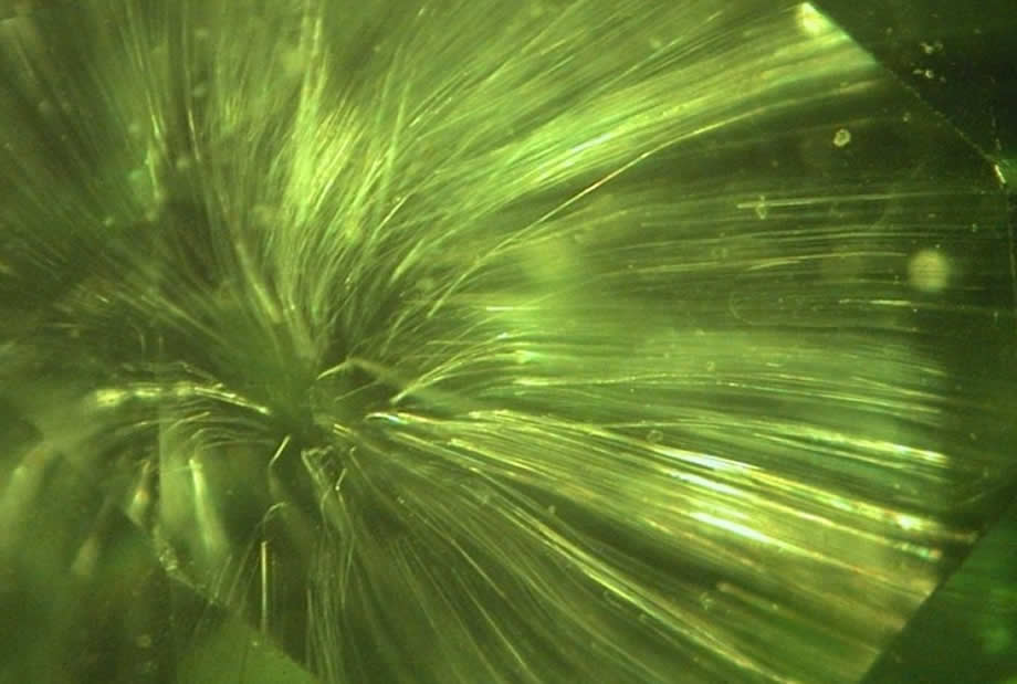 Inclusões de cavalinha na granada Demantoid
