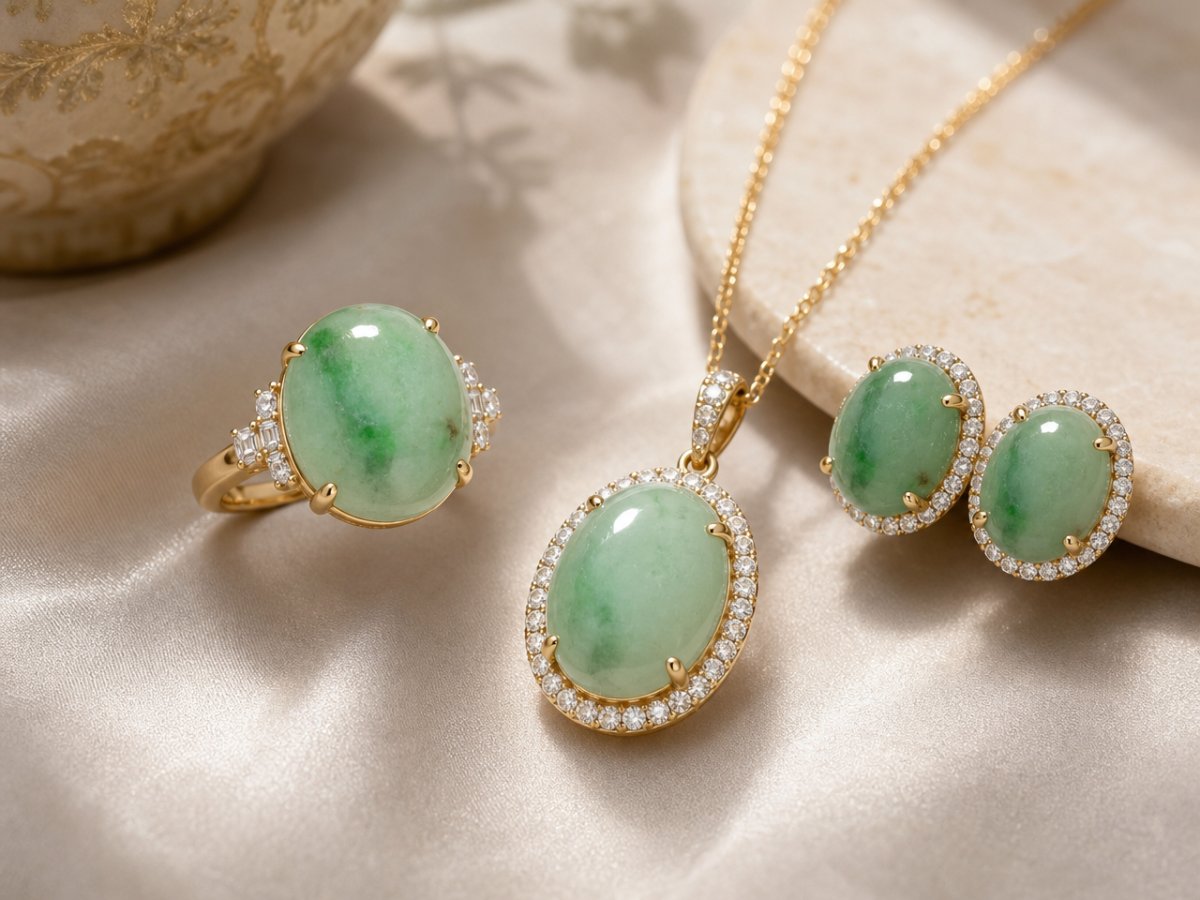 Pedras preciosas de jade exibidas em joias