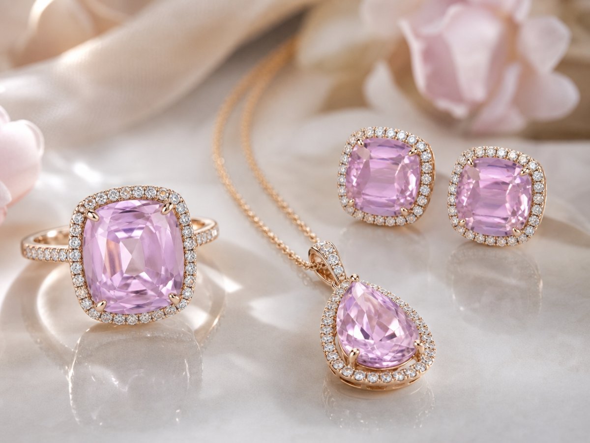 Gemas de kunzita exibidas em joias