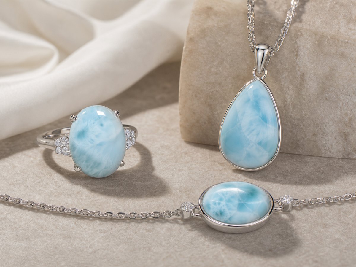 Pedras preciosas de larimar exibidas em joias