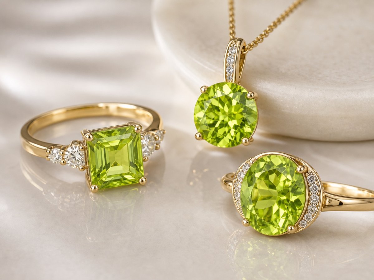 Gemas de peridoto exibidas em joias