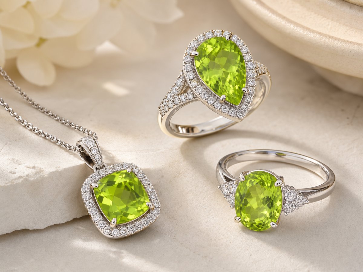 Gemas de peridoto exibidas em joias