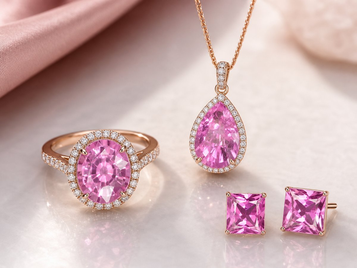 Gemas de safira rosa exibidas em joias