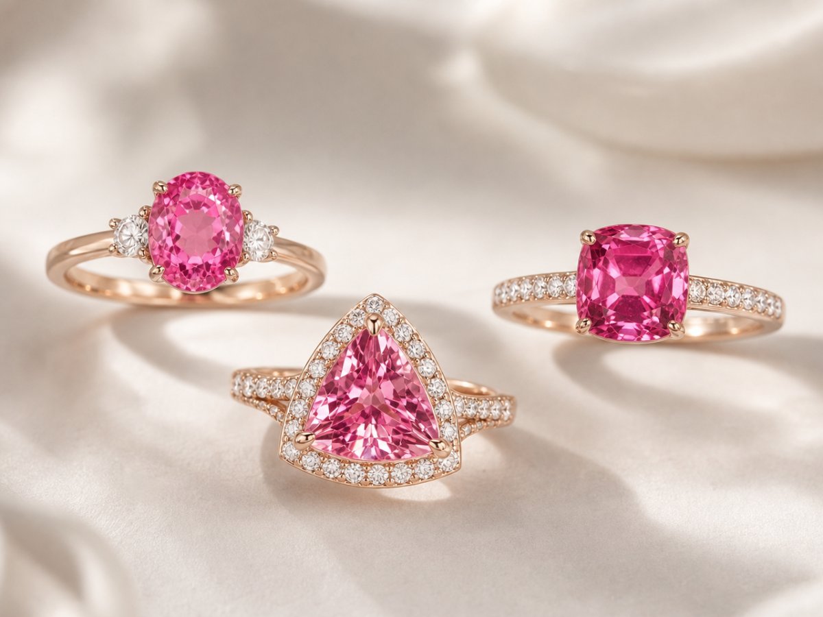 Gemas de espinélio rosa exibidas em joias