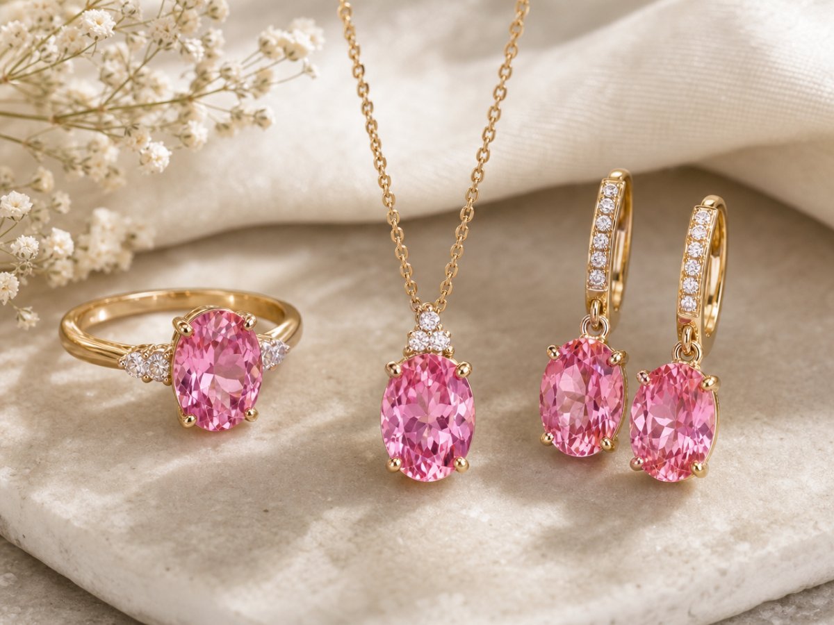 Pedras preciosas de topázio rosa exibidas em joias