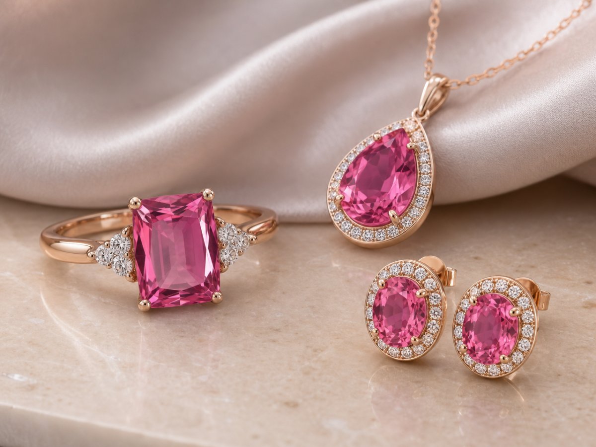 Gemas de turmalina rosa exibidas em joias