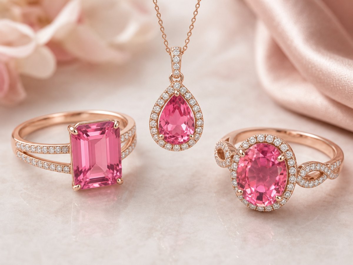 Gemas de turmalina rosa exibidas em joias