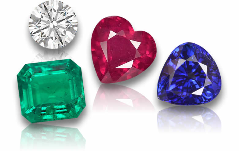 Pedras preciosas soltas, incluindo rubi, safira, esmeralda e diamante.