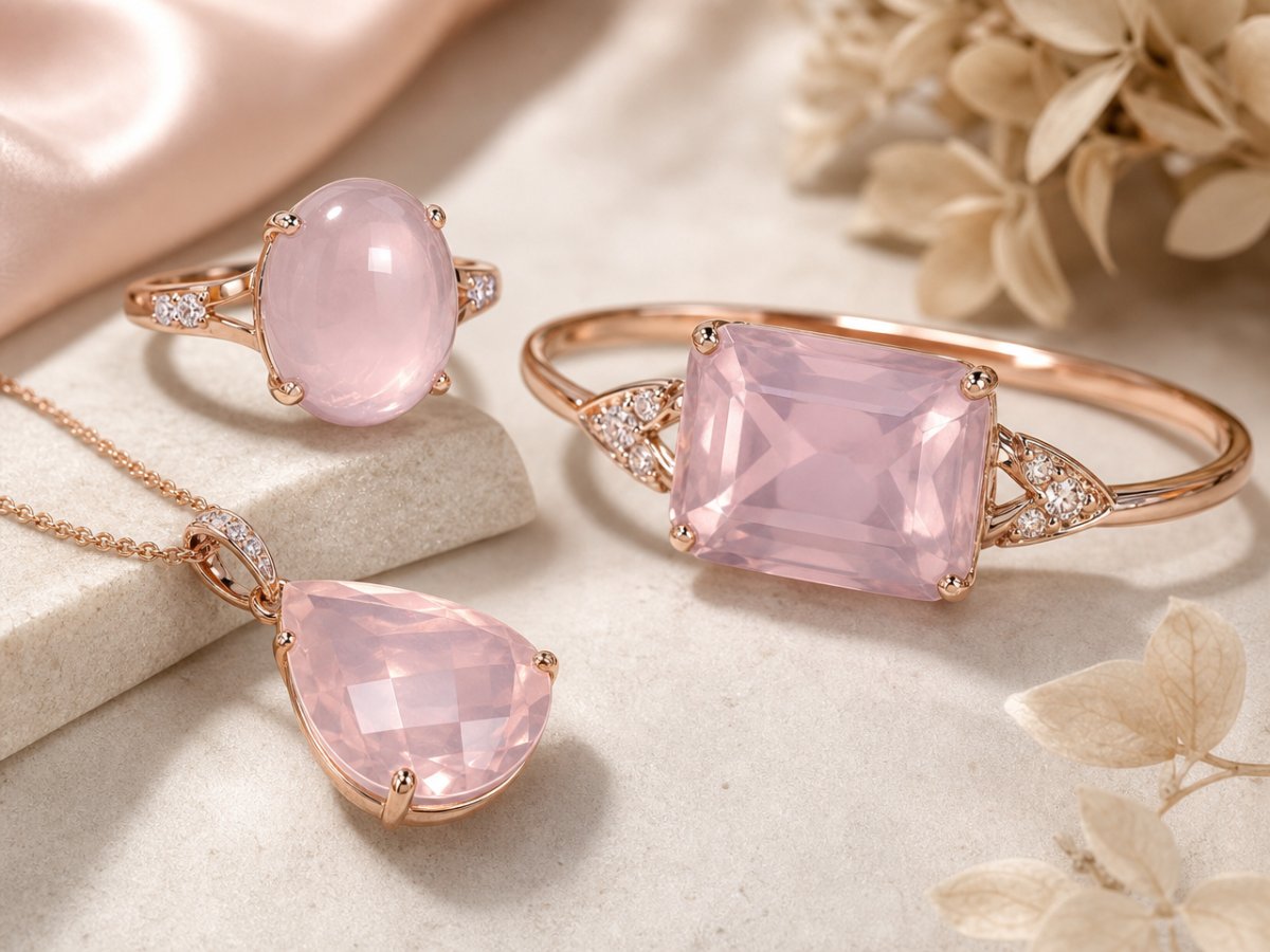 Pedras preciosas de quartzo rosa exibidas em joias
